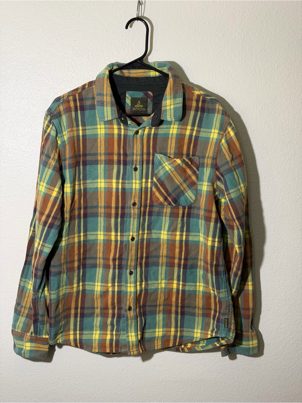 PrAna Jacket Mens Large Multi Color Plaid Flannel Lined Snap Front Outdoor Warm